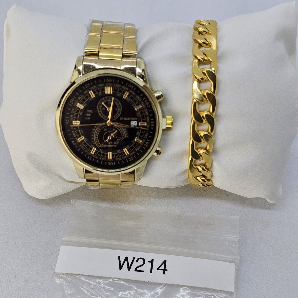Men's 2PC Watch Bracelet Set 41MM Black Dial Date Gold Bracelet Band 7" Wrist - Picture 14 of 14